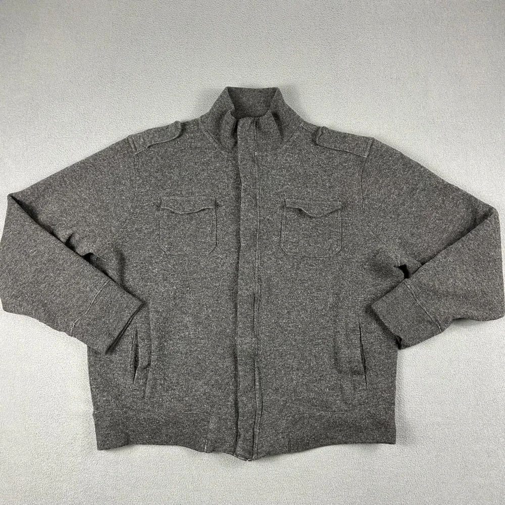 Banana Republic Sweater Mens XL Gray Wool Blend Full Zip Mock Neck Epaulets‎